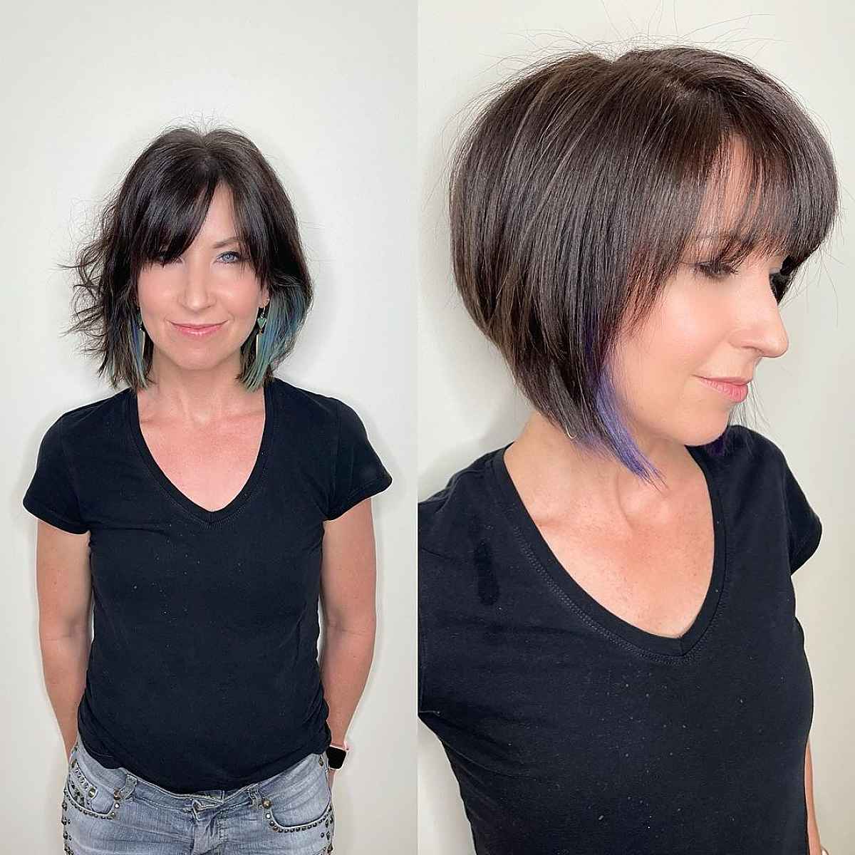 Angled Bob with Wispy Bangs and Purple Underlights