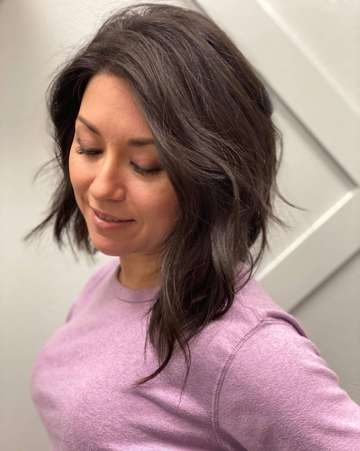 Messy Asymmetrical Lob for Thick Hair