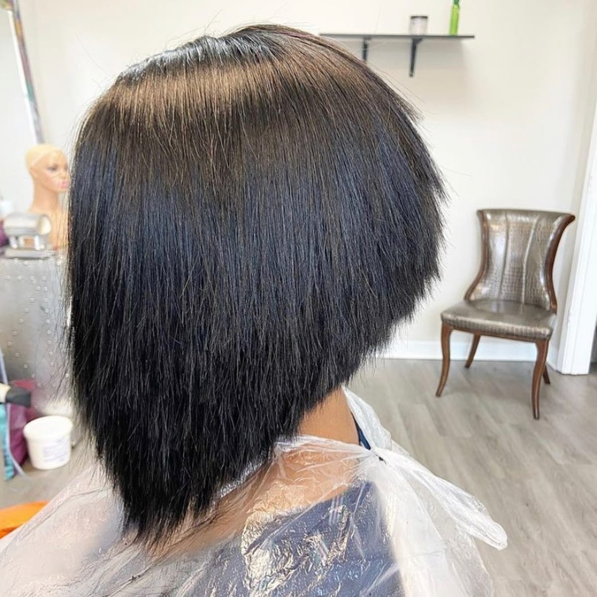 Black medium length inverted layered bob