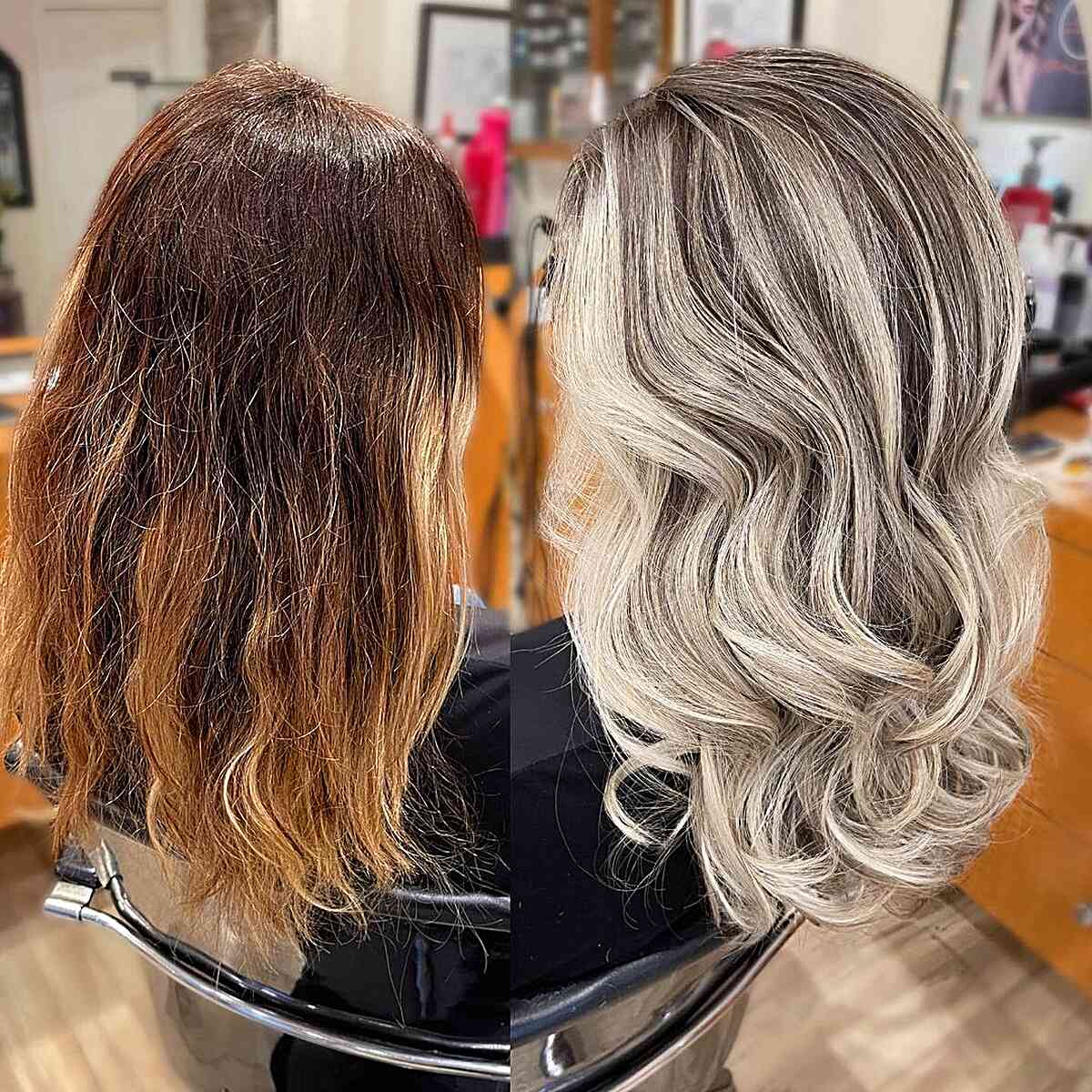 Blonde Balayage Makeover on Dark Brown Hair for women with a mid-length cut