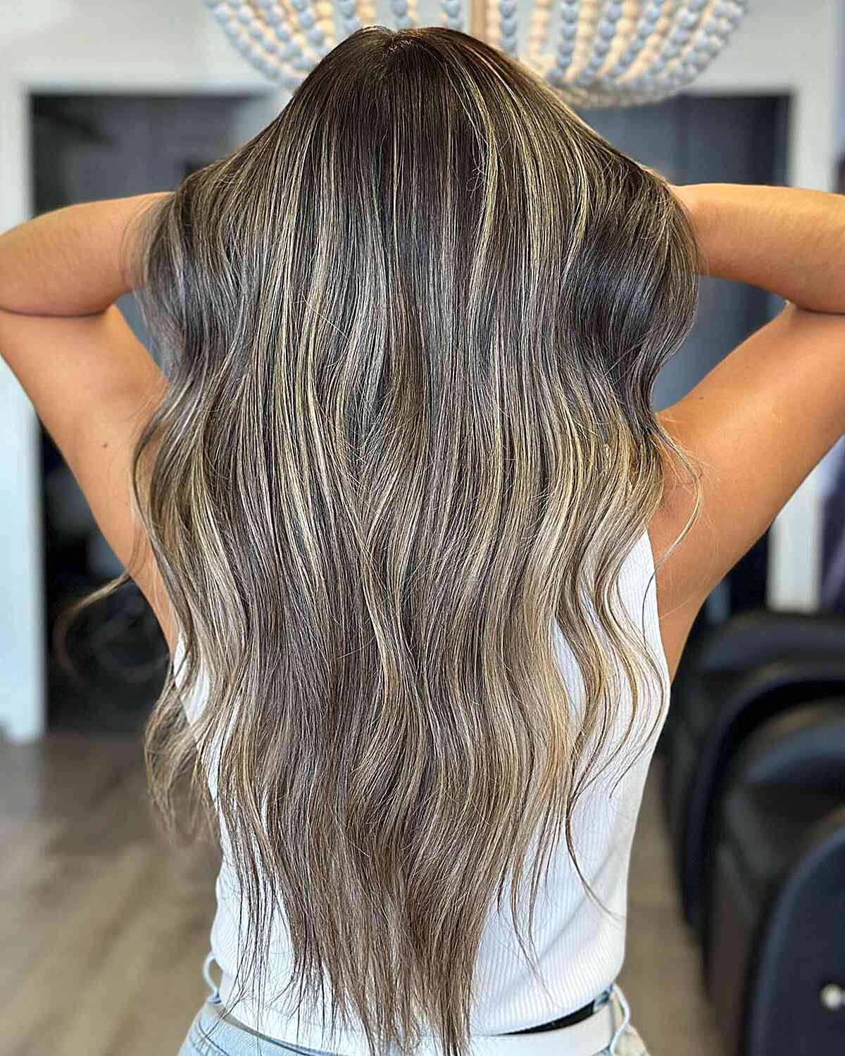 Long V-Cut Brunette with Beige Blonde Balayage Babylights