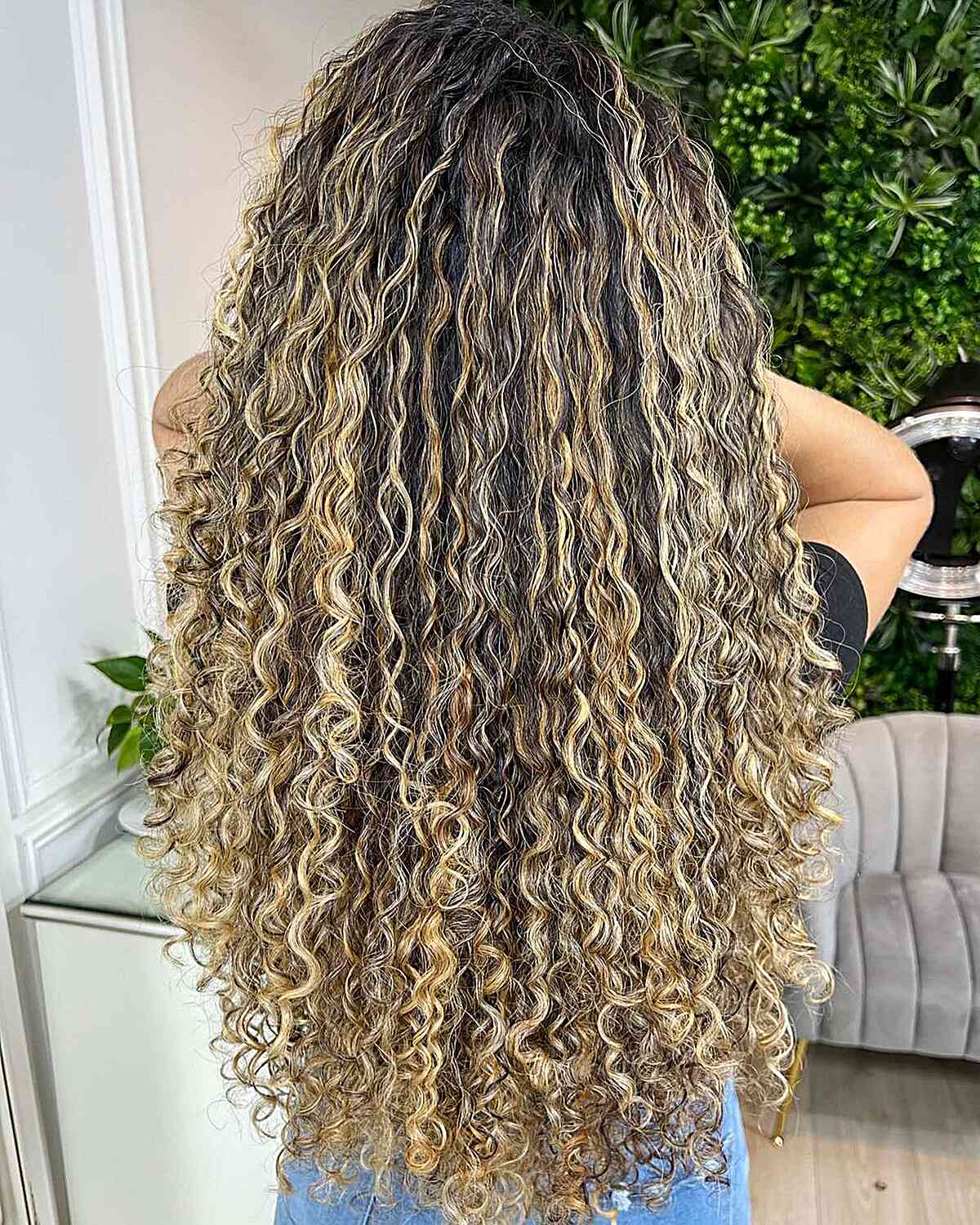 Buttery Blonde Balayage Highlights for Waist-Length Long Dark Curls