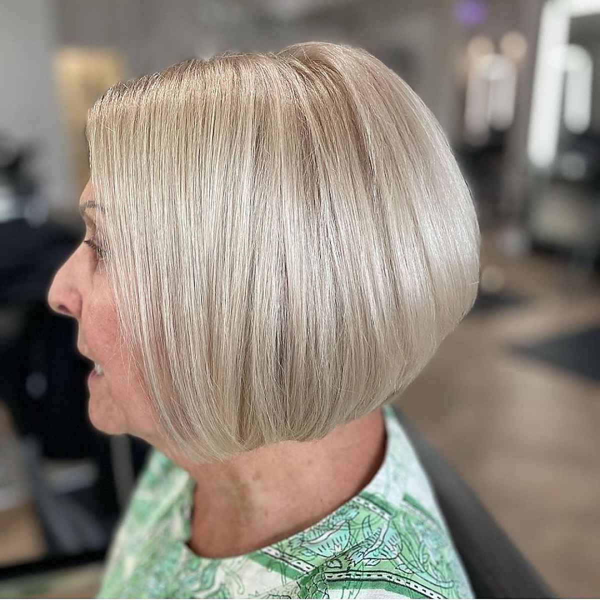 Chin-length stacked bob for ladies over 70