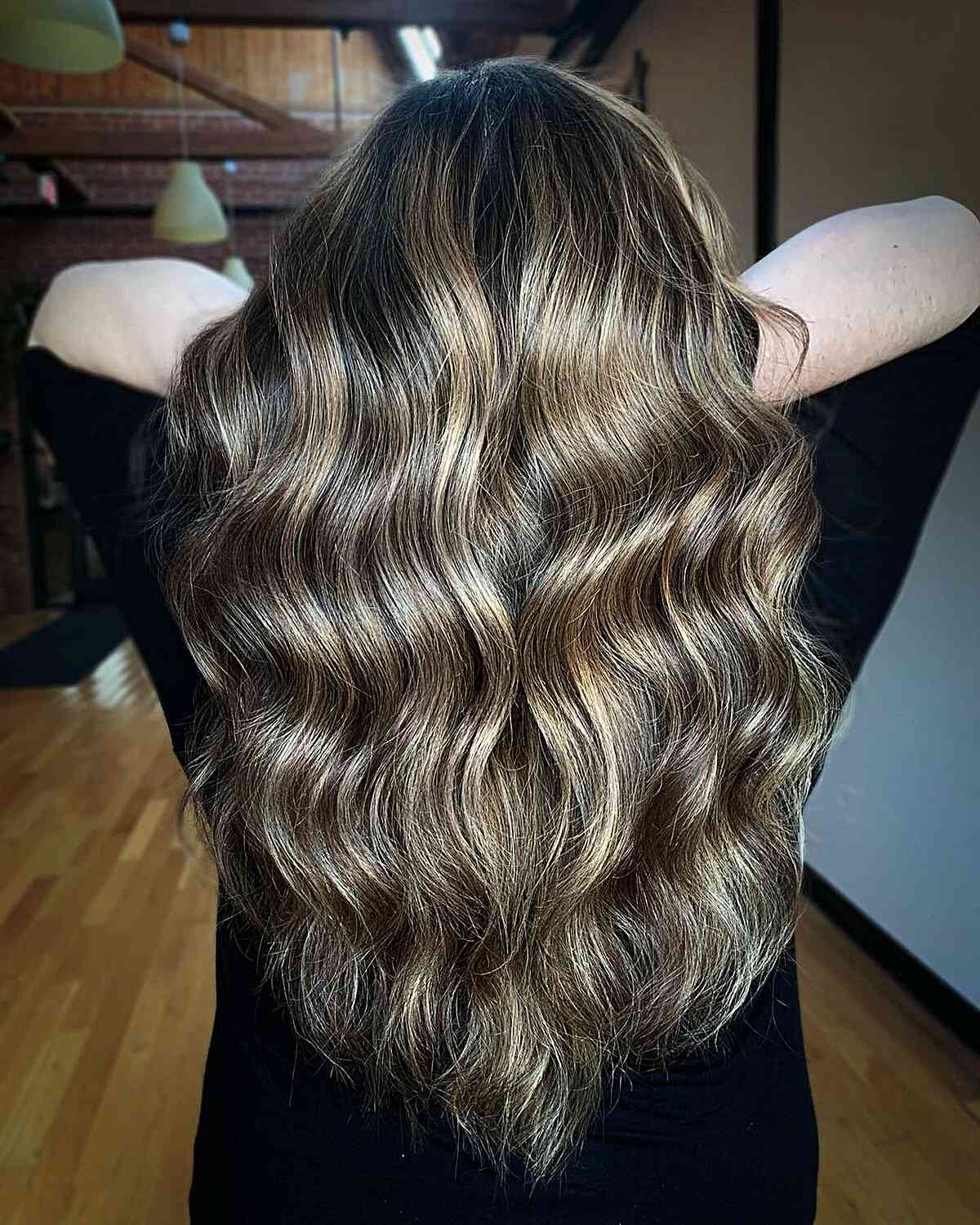 Creamy Honey Blonde Balayage for Dark Base with Long Waves