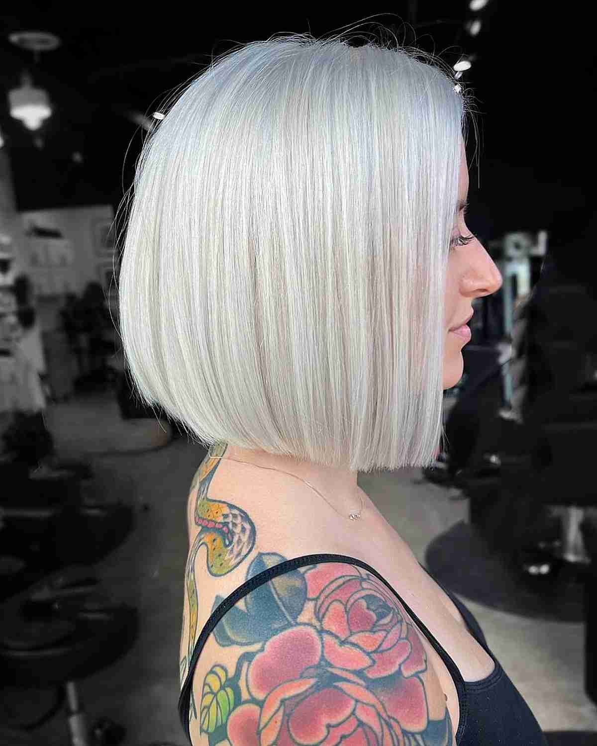 Glossy Platinum Blonde Straight One-Length Bob