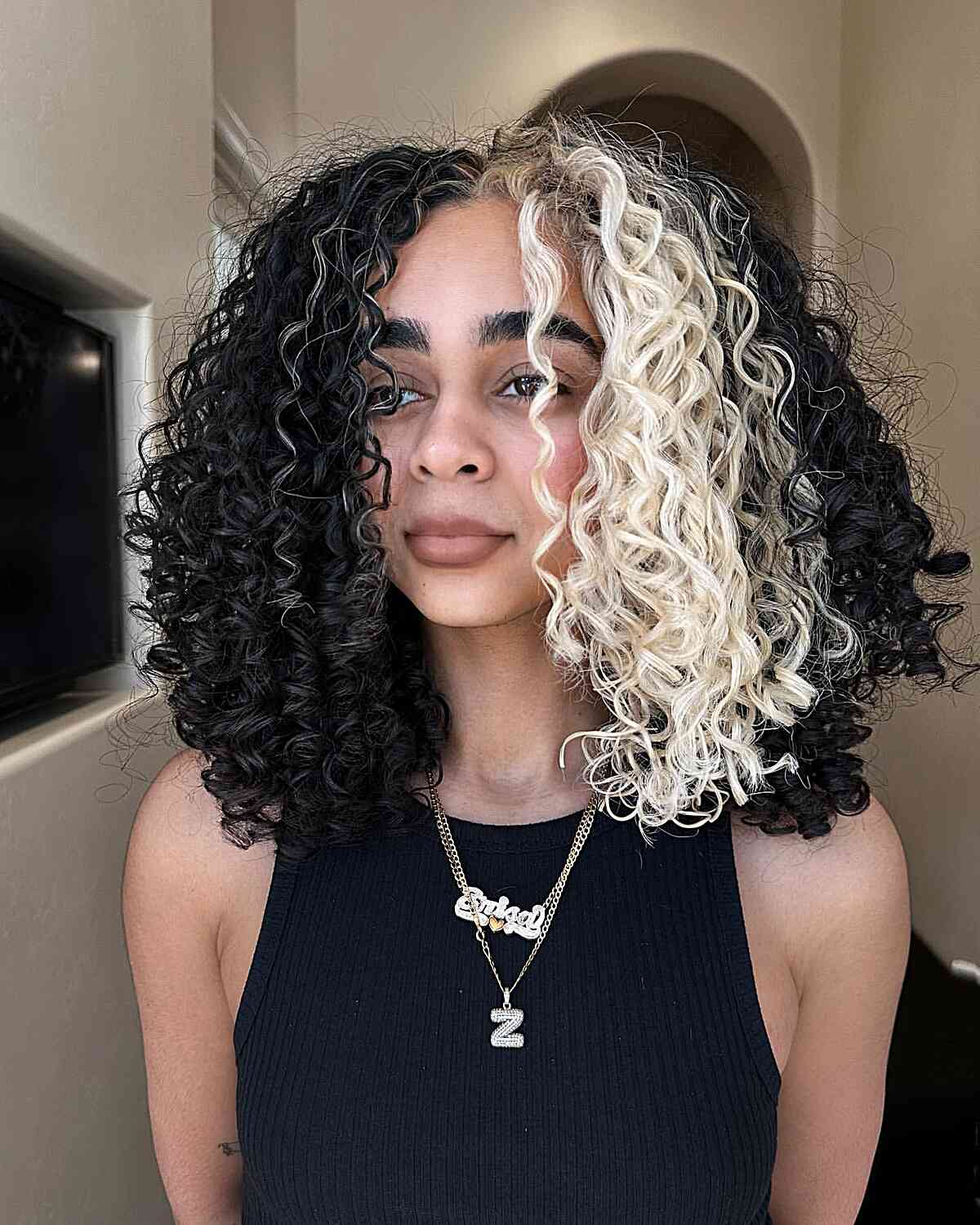 Half Black, Half White Curls Color Idea