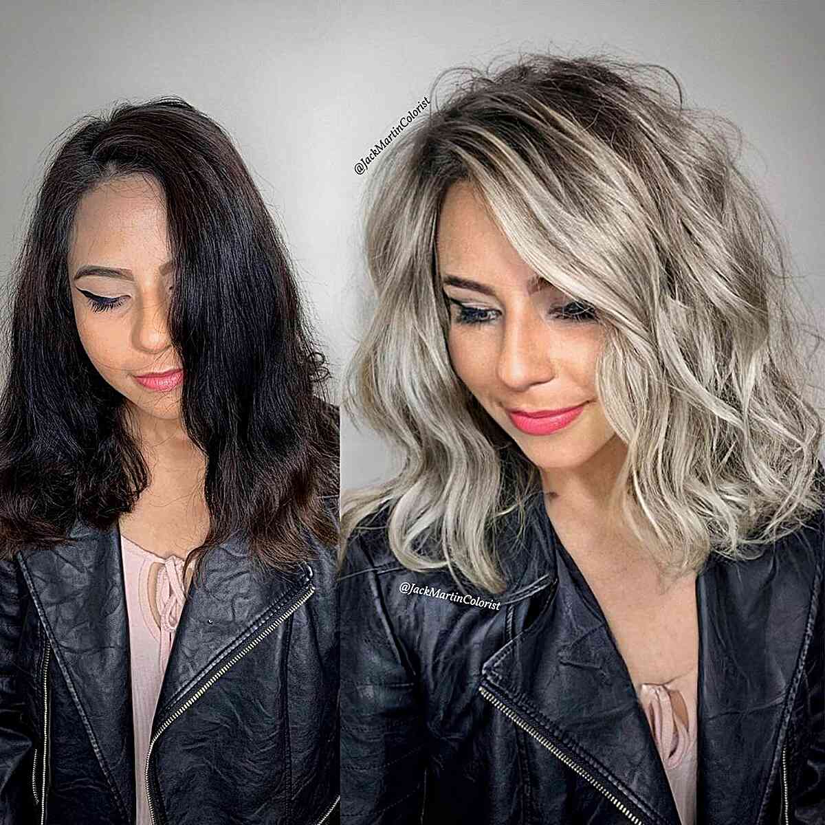 Healthy-Looking Blonde Balayage on Dark Brown Hair for ladies with a mid-length cut and loose waves