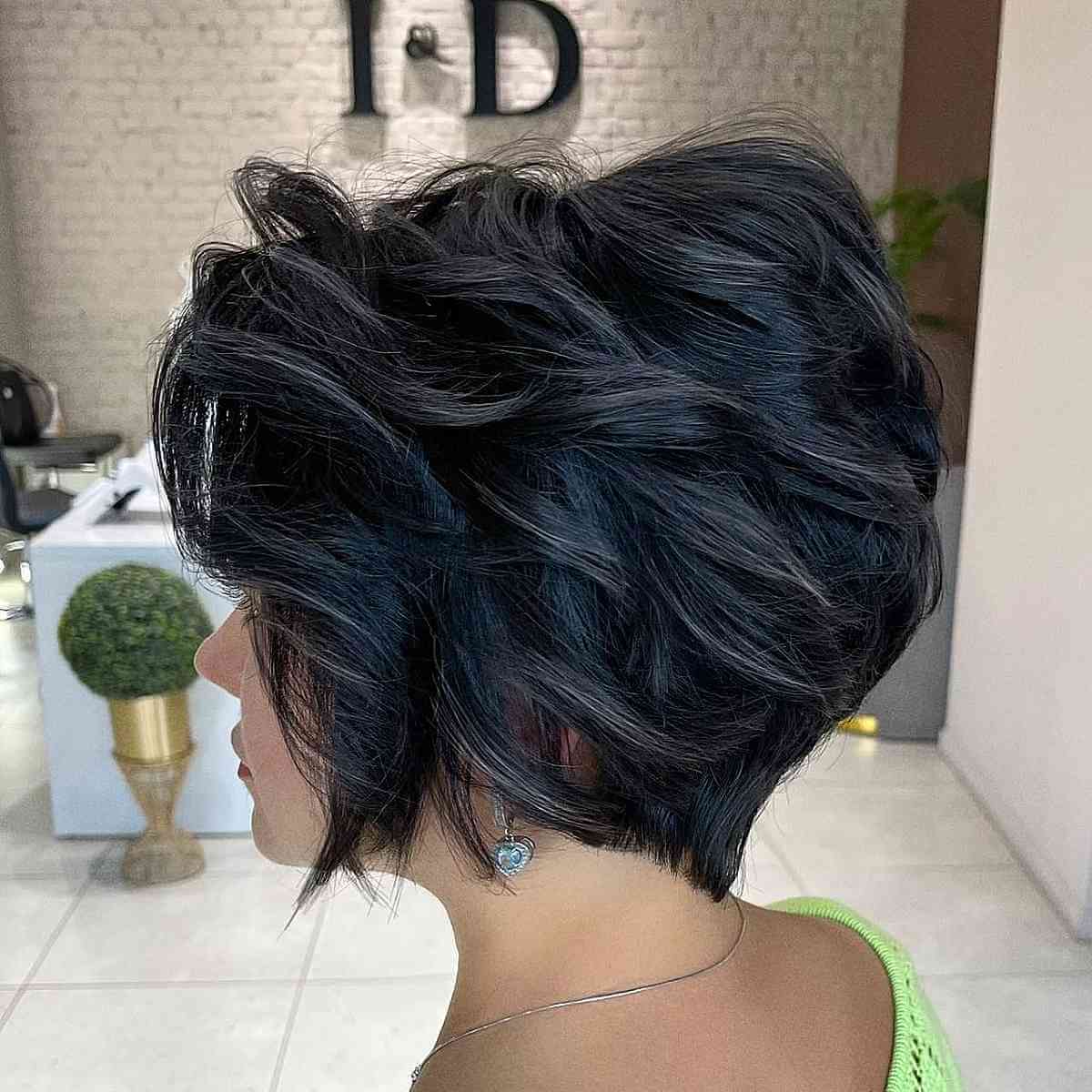 Jet Black Layers on Short Fluffy Bobbed Hair