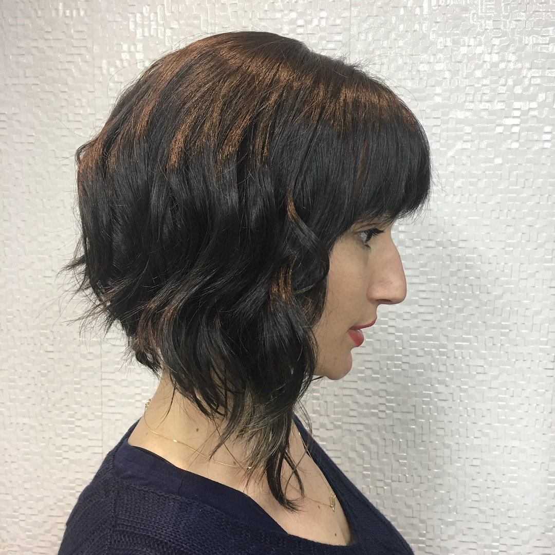 layered angled bob with bangs