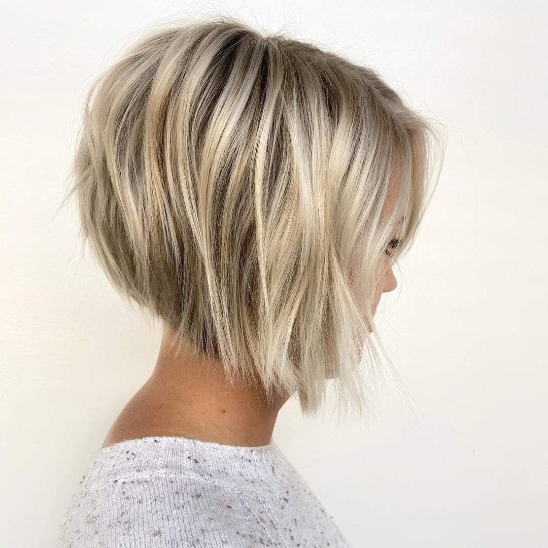 Dimensional light blonde inverted bob haircut