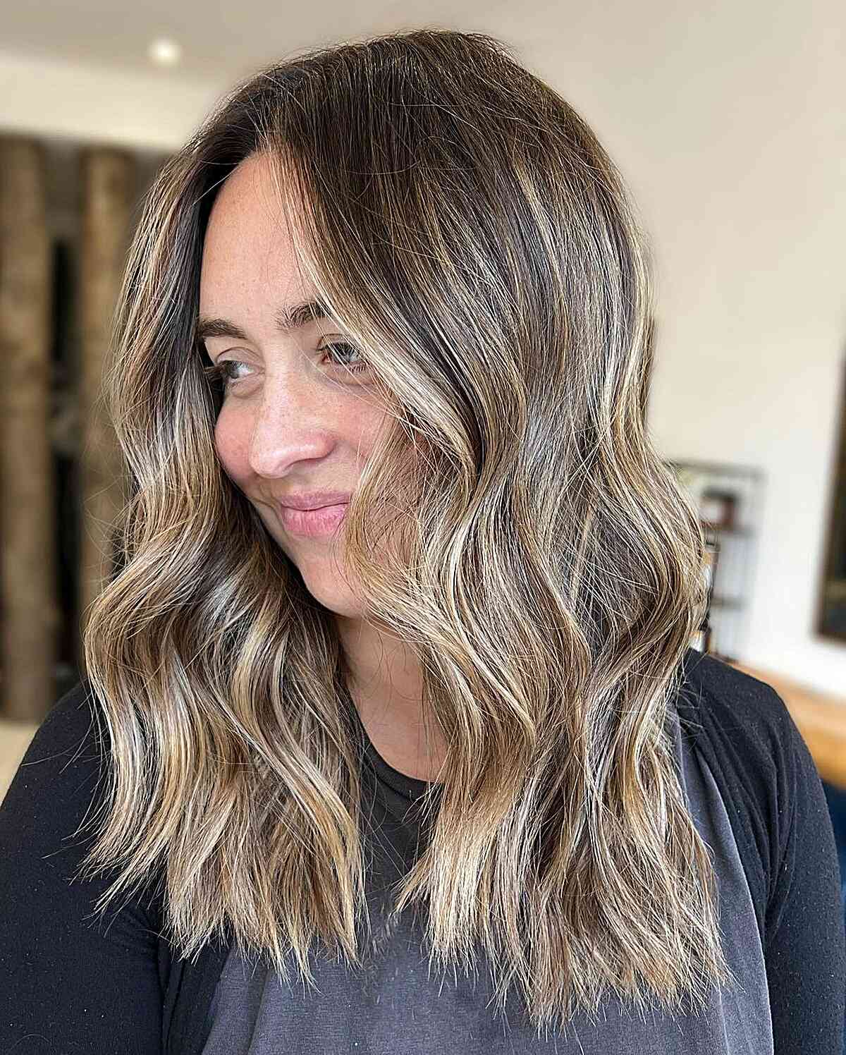 Low-Maintenance Soft Blonde Balayage for Mid-Length Dark Brown Hair