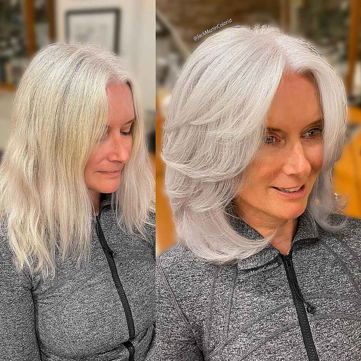 Medium Bob with Feathered Layers on White Hair