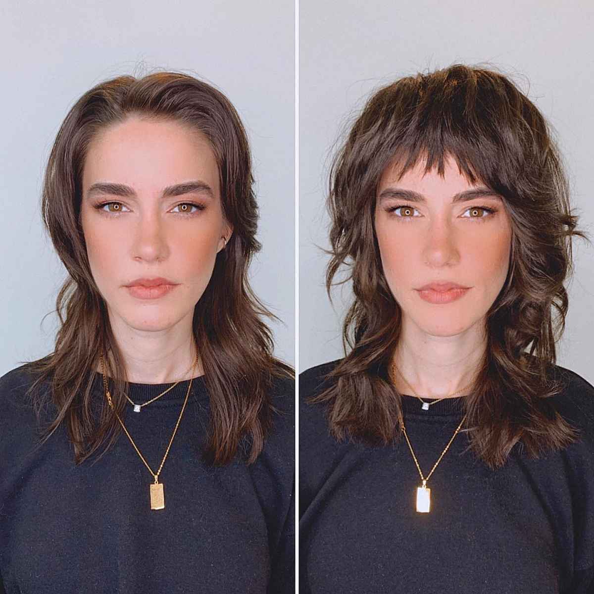 medium-length shag with choppy bangs for long face shapes