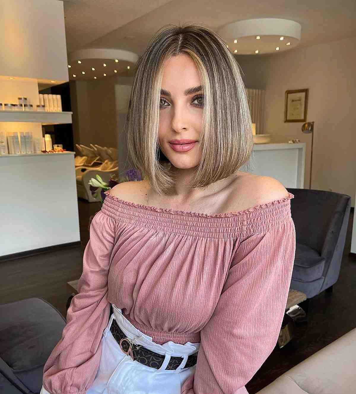 Neck-Length Straight Long Bob with Blonde Balayage