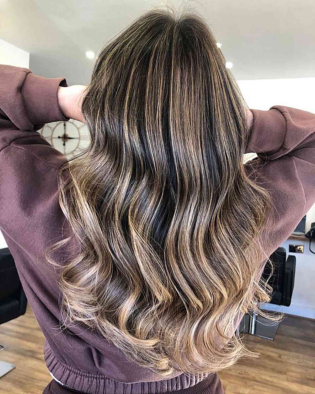 Rich Iced Mocha Hair Blonde Balayage Color for Dark Long Layered Cut