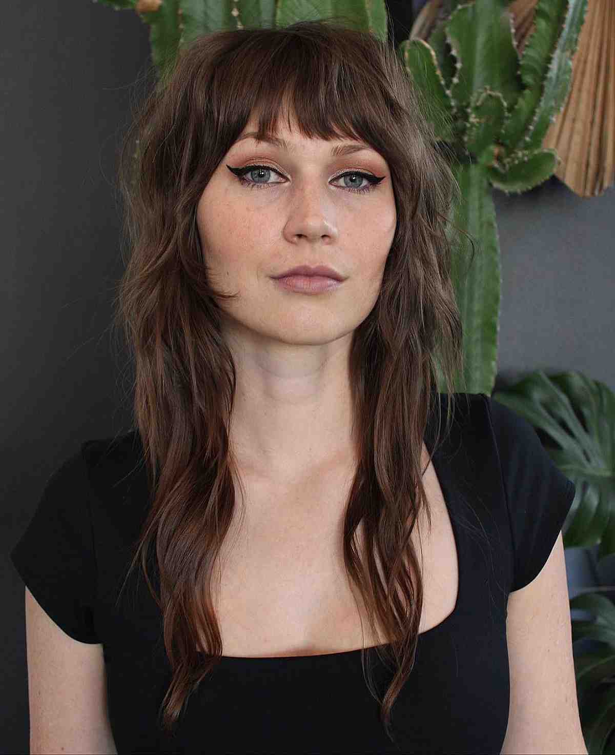 Cute Shag Cut with Bangs and Face-Framing Layering for Square Faces