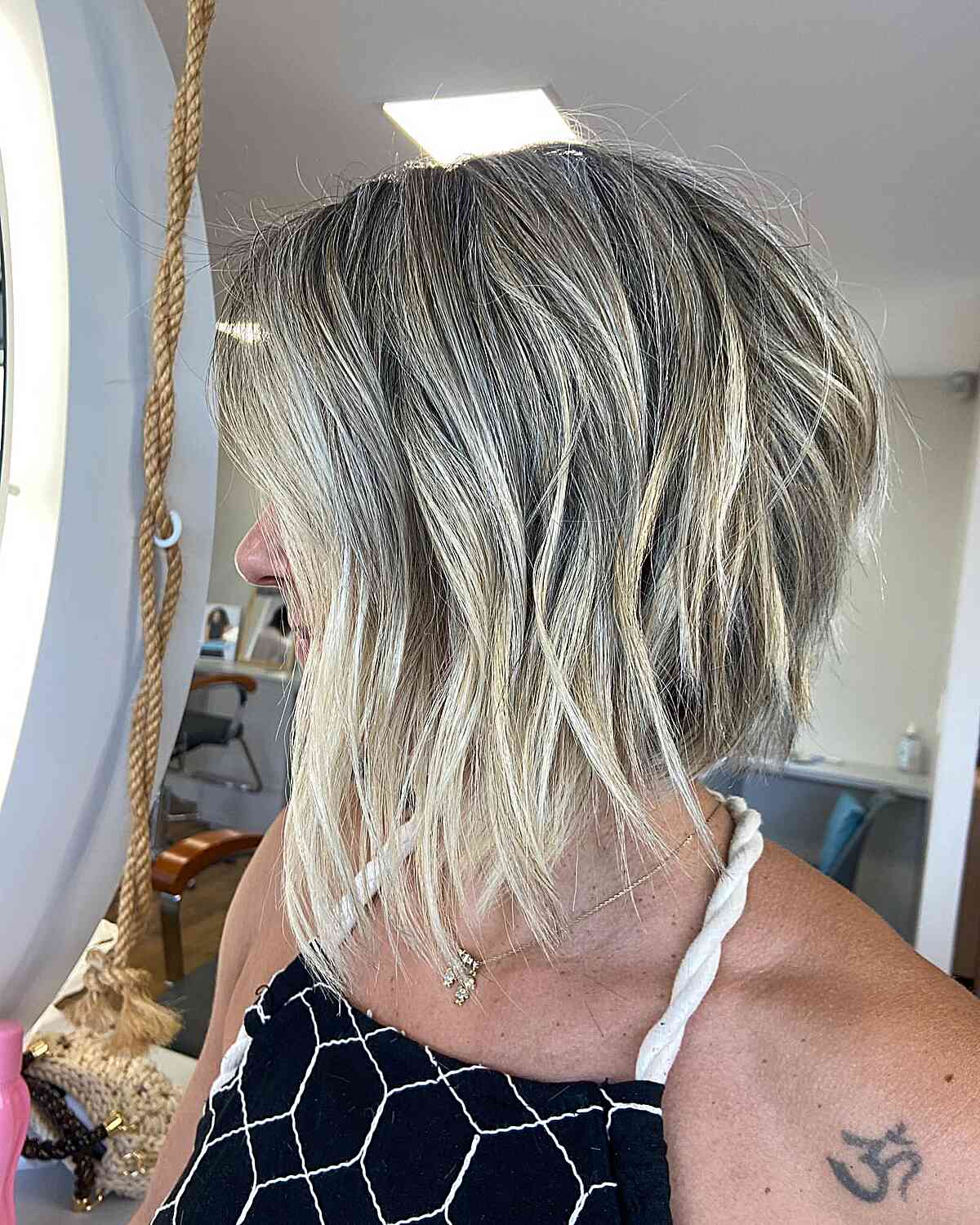 Short choppy angled bob haircut