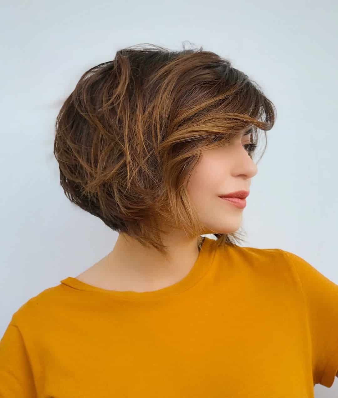 Short Stacked Bob with Wavy Layers and Bangs