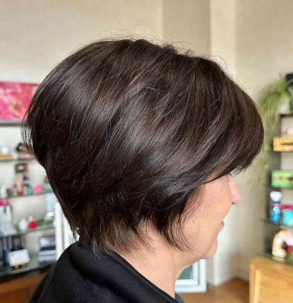 Soft Razor Cut Pixie Bob on Older Women's Brunette Hair