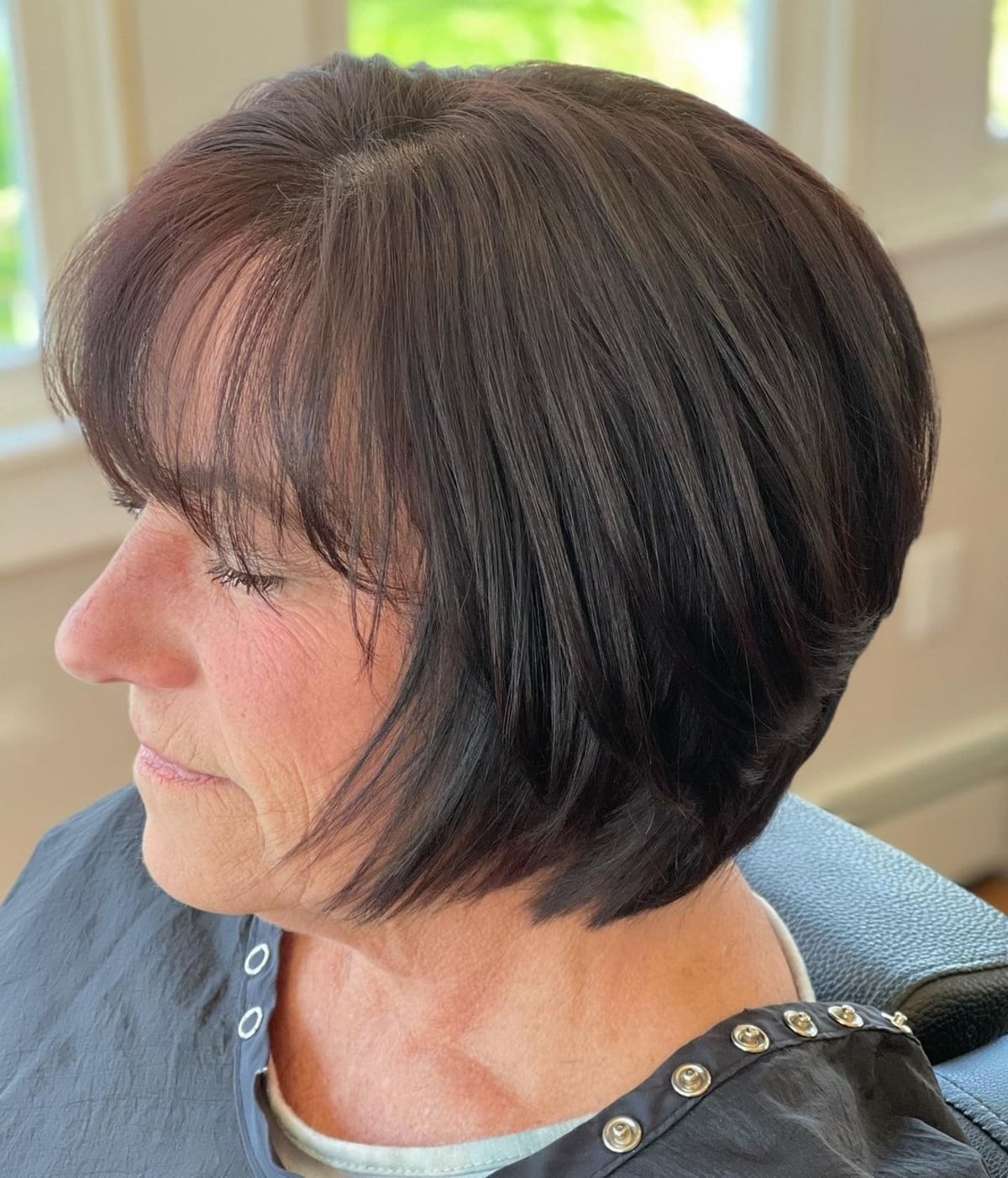 Stacked bob with fringe for older women with thin hair