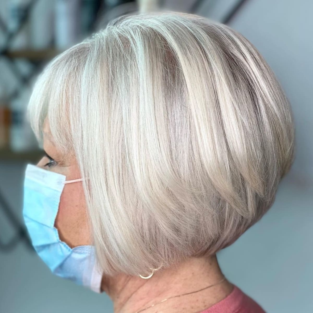 Stacked bob with fringe for older women with thin hair