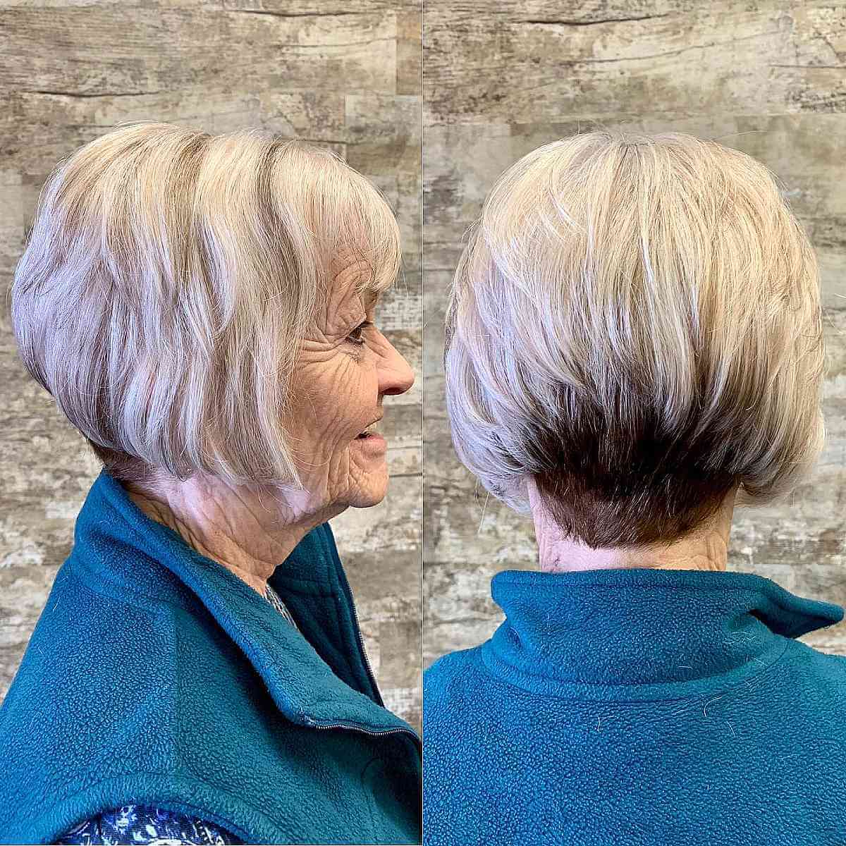 Stacked Layered Bob with Highlights and Lowlights for 70-Year-Olds