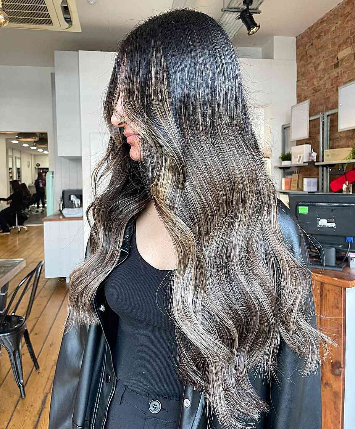 Very Long Ash Bronde Balayage Hair on Darker Base