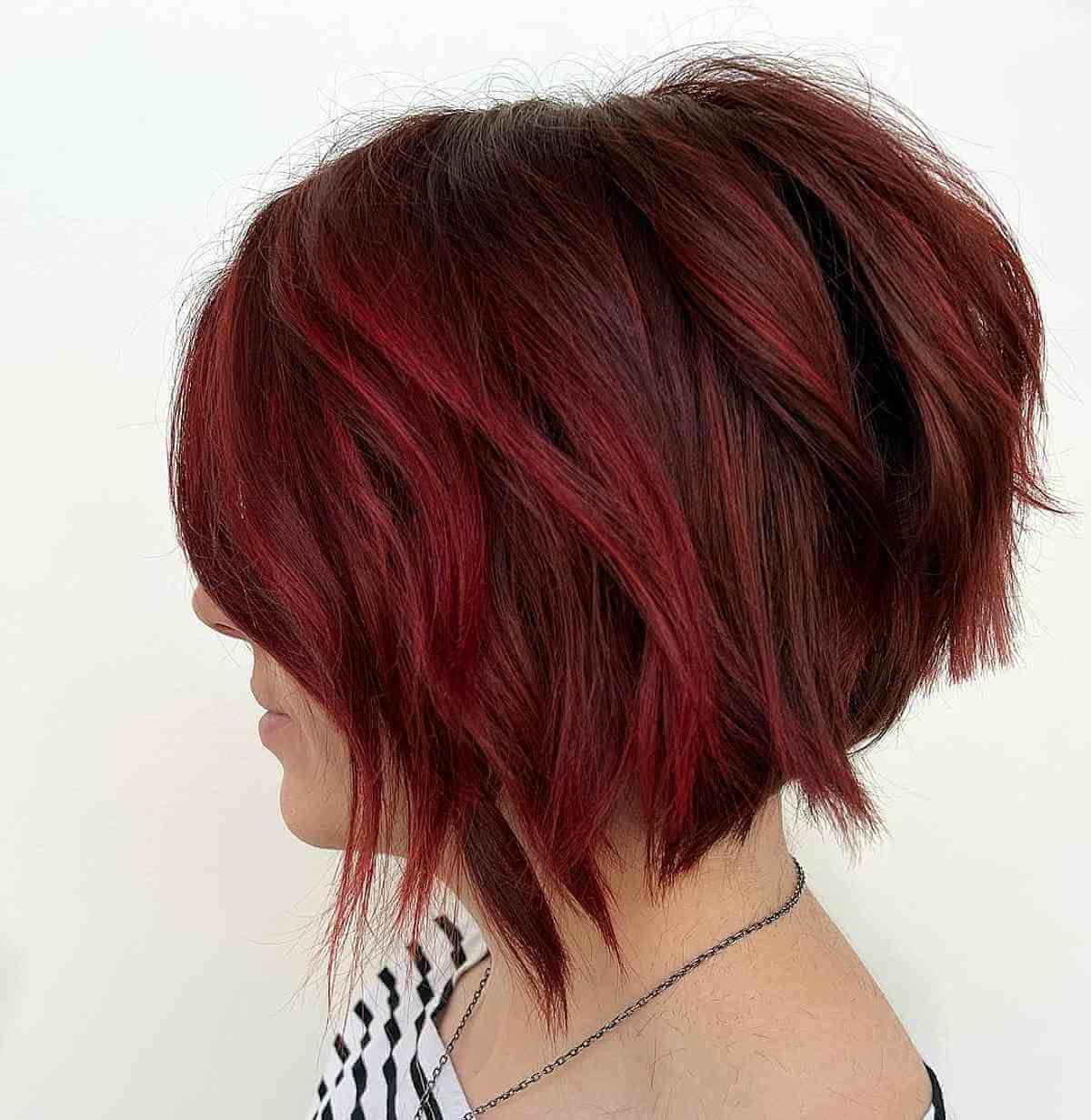 Vibrant Red Beach Waves on a Short Layered Bob Cut