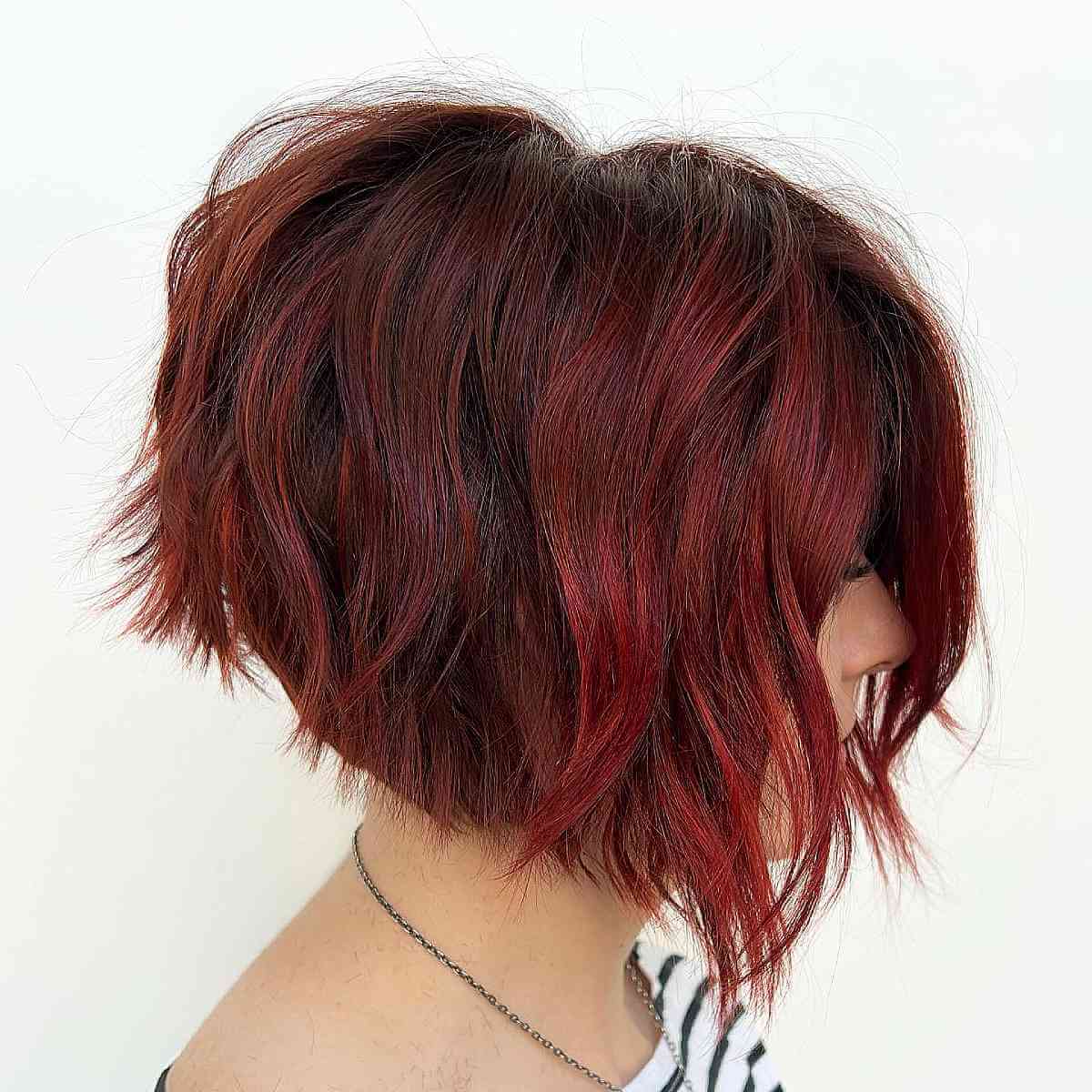 Vibrant Red Tousled Short Angled Bob